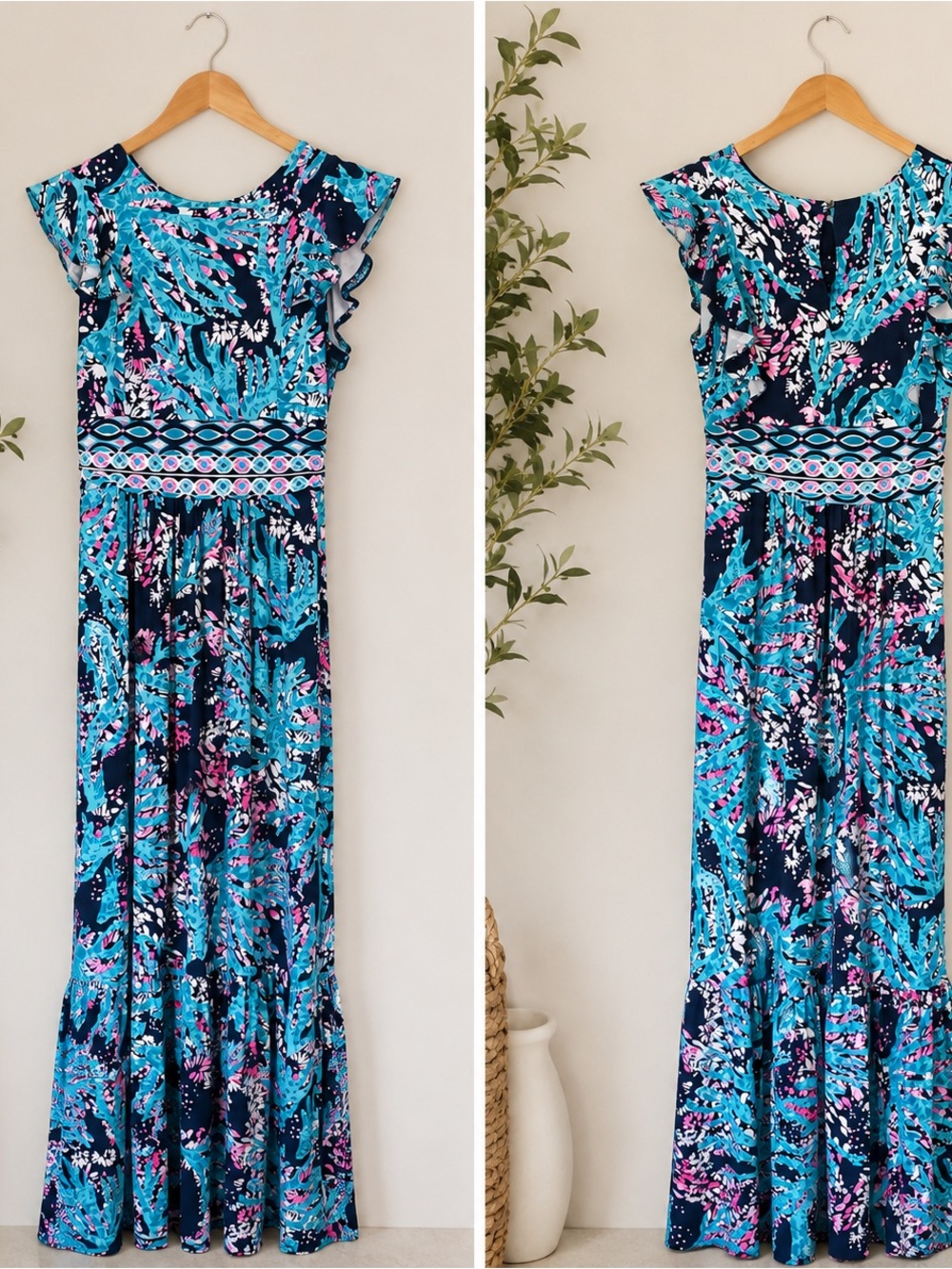 Lilly Pulitzer Mylea Maxi Dress Blue Tropical Print Flutter Sleeve Size L - Picture 2 of 3